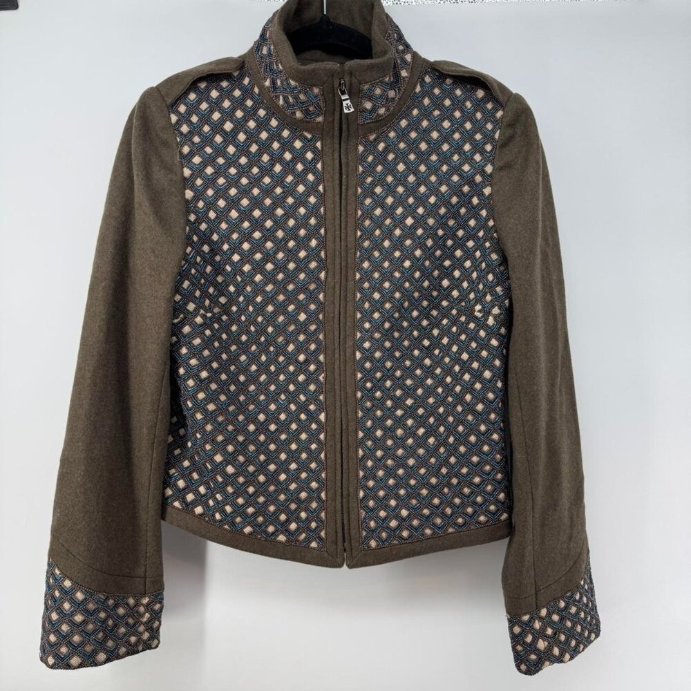 Tory Burch Embroidered wool blend zip front olive - blue Jacket texture
